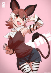 Rule 34 | 1girl, :d, animal ears, armpits, black shorts, bow, bowtie, breasts, brown eyes, brown hair, brown shirt, cutoffs, detached sleeves, extra ears, hair between eyes, hand up, highres, kemono friends, large breasts, multicolored hair, okapi (kemono friends), okapi ears, okapi tail, open mouth, pantyhose, pantyhose under shorts, pink background, print pantyhose, round teeth, shirt, short hair, short shorts, shorts, simple background, sketch, sleeveless, sleeveless shirt, smile, solo, tail, takami masahiro, teeth, twitter username, upper body, v, v-shaped eyebrows, white bow, white bowtie, white hair