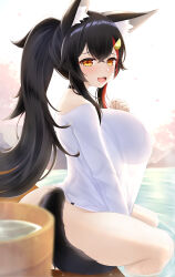 Rule 34 | 1girl, :d, absurdres, animal ear fluff, animal ears, black hair, bottomless, breasts, bucket, choker, convenient censoring, hair ornament, hairclip, highres, hololive, large breasts, long hair, mee don, multicolored hair, naked shirt, onsen, ookami mio, ookami mio (casual), open mouth, orange eyes, ponytail, see-through, shirt, sidelocks, smile, soaking feet, solo, streaked hair, tail, tail around own leg, very long hair, virtual youtuber, white shirt, wolf ears, wolf girl, wolf tail