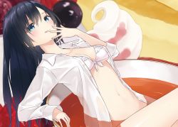 Rule 34 | 1girl, :q, azuuru (azure0608), bad id, bad twitter id, bikini, bikini under clothes, black hair, blue eyes, blurry, cup, depth of field, dress shirt, frilled bikini, frills, front-tie bikini top, front-tie top, hand to own mouth, in container, in cup, long hair, looking at viewer, mini person, minigirl, navel, open clothes, open shirt, original, partially submerged, reclining, shirt, sleeves past wrists, solo, swimsuit, teacup, tongue, tongue out, white bikini