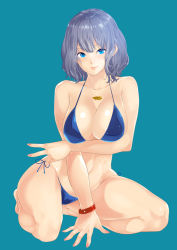 Rule 34 | 1girl, arm under breasts, bad id, bad pixiv id, bikini, blue background, blue bikini, blue eyes, breast hold, breasts, cleavage, full body, grey hair, jewelry, kunami himehiko, large breasts, looking at viewer, necklace, original, seiza, short hair, simple background, sitting, smile, solo, swimsuit, v