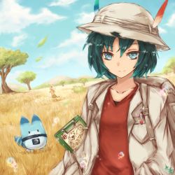Rule 34 | 10s, 2girls, animal ears, aqua hair, arm up, backpack, bag, blonde hair, blue eyes, blue sky, breast pocket, bucket hat, clipboard, cloud, coat, collarbone, commentary request, cosplay, day, elbow gloves, gloves, grass, hair between eyes, hands in pockets, hat, hat feather, high-waist skirt, highres, kaban (kemono friends), kako (kemono friends), kako (kemono friends) (cosplay), kemono friends, kyuumoto kuku, leaf, long sleeves, looking at another, looking at viewer, lucky beast (kemono friends), map, multiple girls, open clothes, open coat, outdoors, paper, pen, pocket, savannah, scenery, serval (kemono friends), serval print, serval tail, shirt, short hair, skirt, sky, sleeveless, sleeveless shirt, smile, standing, striped tail, t-shirt, tail, tree, upper body, waving, | |