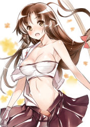 Rule 34 | 10s, 1girl, bad id, bad nicoseiga id, bandeau, bare shoulders, blush, bow (weapon), breasts, brown eyes, brown hair, cleavage, female focus, hekiten, highres, kantai collection, large breasts, long hair, looking at viewer, midriff, miniskirt, navel, off shoulder, open clothes, open mouth, parted bangs, pleated skirt, sarashi, shouhou (kancolle), single bare shoulder, skirt, smile, solo, strapless, tube top, weapon