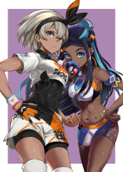 Rule 34 | &gt;:(, 2girls, abs, armlet, bare legs, bare shoulders, bea (pokemon), belly chain, black hair, blue eyes, blue hair, blush, bow, breasts, clenched hand, closed mouth, covered navel, creatures (company), dark-skinned female, dark skin, earrings, eyeshadow, female focus, game freak, gloves, grey hair, gym leader, hair between eyes, hair bow, hand on another&#039;s shoulder, hand on own hip, highres, holding, holding poke ball, hoop earrings, jewelry, legs, looking at viewer, makeup, medium breasts, midriff, multicolored hair, multiple girls, navel, necklace, nessa (pokemon), nintendo, poke ball, poke ball (basic), pokemon, pokemon swsh, pukara, purple background, serious, shirt, short shorts, shorts, single glove, sleeveless, smile, sports bra, sportswear, stomach, toned, two-tone hair, white shirt, wristband