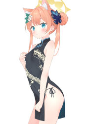 Rule 34 | 1girl, absurdres, ass, black dress, blue archive, blue eyes, blush, breasts, butterfly hair ornament, china dress, chinese clothes, closed mouth, cosplay, cowboy shot, double bun, dragon print, dress, flower, hair bun, hair flower, hair ornament, halo, highres, k63sss, kisaki (blue archive), kisaki (blue archive) (cosplay), long hair, mari (blue archive), orange hair, simple background, sleeveless, sleeveless dress, small breasts, solo, white background, white flower, yellow halo