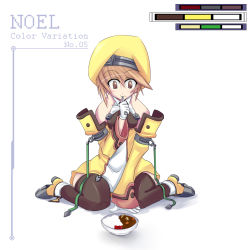 Rule 34 | 1girl, alternate color, arc system works, arm support, bare shoulders, beret, black thighhighs, blazblue, blush, boots, bowl, brown eyes, brown hair, curry, detached sleeves, dress, eating, flat chest, food, gloves, hat, high heels, kneeling, morokoshi, noel vermillion, ribbon, shoes, short dress, short hair, solo, thighhighs, wide hips