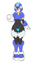 Rule 34 | 1girl, aile (mega man zx), arm cannon, bodystocking, bodysuit, brown hair, closed mouth, gloves, green eyes, hair between eyes, highres, looking at viewer, mega man (series), mega man zx, model x (mega man), short hair, simple background, skin tight, solo, spandex, thong, ukimukai, weapon, white background
