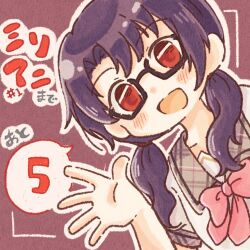 Rule 34 | 1girl, 77haniwa, black-framed eyewear, black hair, blush, bow, bowtie, commentary, dark background, finger counting, glasses, grey sailor collar, hand up, idolmaster, idolmaster million live!, long hair, looking at viewer, low twintails, open mouth, pink bow, pink bowtie, red eyes, sailor collar, short sleeves, smile, solo, spoken number, takayama sayoko, twintails, upper body, waving