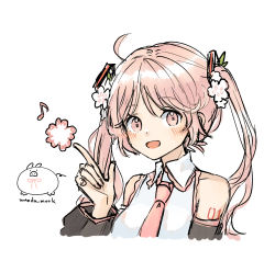 Rule 34 | 1girl, ahoge, artist logo, artist name, bare shoulders, blush, blush visible through hair, cherry blossoms, collar, collared shirt, commentary, detached sleeves, eighth note, english commentary, frilled collar, frills, hand up, hatsune miku, highres, index finger raised, leaf, long hair, musical note, necktie, open mouth, pink eyes, pink hair, pink necktie, sakura miku, shirt, simple background, sleeveless, sleeveless shirt, solo, tattoo, twintails, upper body, vocaloid, wandu mook, white background