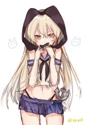 Rule 34 | 10s, 1girl, anchor, ao68, bad id, bad twitter id, black panties, blonde hair, covering own mouth, elbow gloves, flat chest, gloves, hairband, highleg, highleg panties, kantai collection, long hair, looking at viewer, navel, panties, sailor collar, shimakaze (kancolle), simple background, skirt, underwear