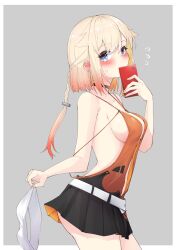 Rule 34 | 1girl, bare shoulders, belt, black skirt, blue eyes, blush, cellphone, cevio, gradient hair, highres, holding, holding phone, multicolored hair, no bra, one (cevio), phone, simple background, skirt, smartphone, solo, sweat, zooanime