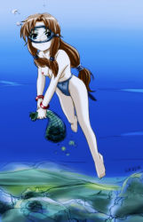 Rule 34 | 1girl, air bubble, bangle, bare legs, barefoot, blue eyes, bracelet, breath, brown hair, bubble, clam, collarbone, diving mask, feet, freediving, fundoshi, goggles, gradient background, highleg, holding breath, japanese clothes, jewelry, legs, long hair, long legs, low-tied long hair, net, ocean, original, ponytail, saver (artbysaver), seashell, shell, solo, swimming, thighs, toes, topless, tri tails, underwater