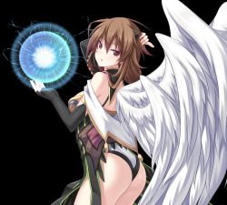 Rule 34 | 1girl, ass, back, bare shoulders, black background, brown hair, elbow gloves, eushully, game cg, gloves, hand on head, legs, looking at viewer, madou koukaku, pink eyes, power, short hair, simple background, solo, standing, white wings, wings