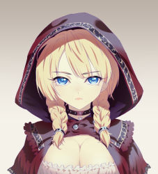 Rule 34 | blonde hair, blue eyes, braid, breasts, choker, chyko7080, cleavage, close-up, commentary request, dot nose, gradient background, grey background, hood, large breasts, looking at viewer, robe, serious, twin braids