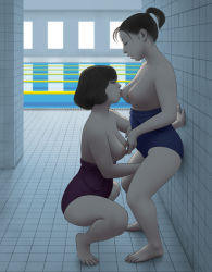 Rule 34 | 2girls, barefoot, breast sucking, breasts, closed eyes, feet, fingering, multiple girls, munio world, one-piece swimsuit, ponytail, pool, squatting, swimsuit, thighs, topless, yuri