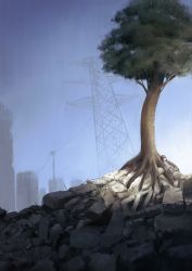 Rule 34 | 1girl, absurdres, blue sky, brown hair, building, child, commentary, highres, huge filesize, long hair, lying, on back, original, oversized clothes, oversized shirt, power lines, rubble, ruins, scenery, shirt, sky, solo, subfiction, transmission tower, tree, very wide shot, white shirt