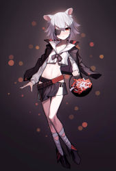 Rule 34 | 1girl, :o, absurdres, animal ears, arknights, basket, beudelb, black footwear, black jacket, black skirt, blush, brown eyes, click (arknights), click (grave thief) (arknights), crop top, eyepatch, full body, grey hair, highres, holding, holding basket, jacket, jacket on shoulders, leg wrap, looking at viewer, midriff, miniskirt, mouse ears, navel, official alternate costume, shirt, short hair, skirt, solo, standing, white shirt
