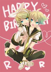 Rule 34 | 1boy, 1girl, bad id, bad pixiv id, birthday, blonde hair, blue eyes, bow, brother and sister, detached sleeves, hair bow, headset, kagamine len, kagamine rin, r-01, short hair, shorts, siblings, twins, v, vocaloid