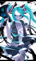 Rule 34 | 1girl, aqua eyes, aqua hair, aqua necktie, breast tattoo, breasts, closed mouth, colored skin, commentary, cowboy shot, debris, expressionless, forehead, goma irasuto, hair ornament, hatsune miku, headphones, highres, holding, holding megaphone, koi wa sensou (vocaloid), long hair, looking at viewer, megaphone, navel, necktie, open clothes, open shirt, parted lips, skirt, sleeveless, small breasts, solo, standing, tattoo, twintails, very long hair, vocaloid, white skin