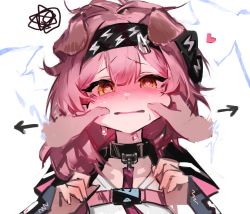 Rule 34 | 1girl, animal ears, arknights, arrow (symbol), black hairband, blush, brown eyes, cat ears, cheek pull, collar, disembodied limb, electricity, goldenglow (arknights), hairband, heart, heart-shaped pupils, highres, lightning bolt print, long hair, looking at viewer, motion lines, nose blush, parted lips, pink hair, pov, ribiadan, shirt, simple background, solo focus, squiggle, sweat, symbol-shaped pupils, tears, trembling, upper body, white background, white shirt
