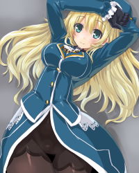 Rule 34 | 10s, 1girl, atago (kancolle), black gloves, blonde hair, blush, breasts, dd (ijigendd), gloves, green eyes, hat, kantai collection, long hair, looking at viewer, lying, pantyhose, smile, solo