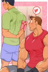Rule 34 | 2boys, artist name, bara, black eyes, black hair, blush, brown hair, collared shirt, couple, gift, gloves, heart, highres, locker, locker room, male focus, manly, multiple boys, muscular, muscular male, nakata shunpei, original, pectorals, shirt, shorts, smile, tank top, thick arms, thick eyebrows, valentine, veins, veiny arms, yaoi