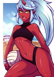 Rule 34 | 1girl, ball, beach, bikini, black bikini, blue hair, breasts, cleavage, colored skin, day, demon girl, english text, fang, holding, holding ball, horns, iahfy, kneesocks (psg), looking at viewer, medium breasts, navel, panty &amp; stocking with garterbelt, pointy ears, ponytail, red skin, shiny skin, sign, single horn, slit pupils, solo, swimsuit, tankini, thighs, underboob, volleyball (object), yellow eyes