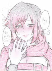 Rule 34 | ..., 1girl, ?, blush, breasts, cleavage, cloak, grey eyes, hair between eyes, heart, heart-shaped pupils, highres, hood, hood down, looking at viewer, parted lips, red hair, ruby rose, rwby, short hair, simple background, sketch, solo, speech bubble, symbol-shaped pupils, tabletorgy, teeth, white background