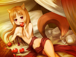 Rule 34 | 1girl, animal ears, apple, bad id, bad pixiv id, bed, blush, brown hair, censored, convenient censoring, eating, food, fruit, holding, holding food, holding fruit, holo, long hair, monster girl, mozuyun, navel, nude, pillow, pouch, red eyes, sexually suggestive, solo, spice and wolf, tail, wolf ears, wolf tail, yonic symbol