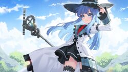 Rule 34 | 1girl, binato lulu, blue eyes, blue hair, day, hat, long hair, looking at viewer, mages., miniskirt, mole, mole under eye, necktie, neptune (series), outdoors, puffy sleeves, red necktie, skirt, smile, solo, staff, thighhighs, witch hat