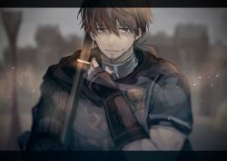 Rule 34 | 1boy, brown eyes, brown hair, cape, commentary request, facial hair, fate/grand order, fate (series), gloves, goatee, hector (fate), highres, holding, light particles, long hair, looking at viewer, male focus, open mouth, polearm, ponytail, short hair, smile, smoke, smoke trail, solo, tumikilondon5, upper body, weapon