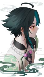 Rule 34 | 1boy, ahoge, arm tattoo, armor, blue hair, blush, closed mouth, commentary, diamond-shaped pupils, diamond (shape), egasumi, english commentary, eyeshadow, facial mark, forehead mark, genshin impact, green hair, highres, ibispaint (medium), jewelry, jk 4140, lips, looking to the side, makeup, male focus, mandarin collar, multicolored hair, necklace, pearl necklace, red eyeshadow, shirt, short hair, shoulder armor, sidelocks, simple background, single bare shoulder, sleeveless, sleeveless shirt, smoke, solo, symbol-shaped pupils, tassel, tattoo, two-tone hair, upper body, white background, white shirt, xiao (genshin impact), yellow eyes