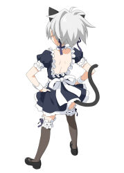 Rule 34 | 1girl, alternate costume, animal ears, back, bad id, bad pixiv id, cat ears, collar, darker than black, enmaided, frilled thighhighs, frills, from behind, full body, hair ribbon, hands on own hips, kani biimu, kemonomimi mode, maid, mary janes, ponytail, ribbon, shoes, silver hair, simple background, skirt, solo, tail, thighhighs, wrist cuffs, yin (darker than black)