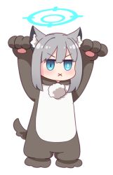 Rule 34 | 1girl, :x, animal costume, animal ears, arms up, blue archive, blue eyes, chibi, closed mouth, fake tail, full body, hair between eyes, halo, harada (sansei rain), shiroko (blue archive), simple background, solo, standing, tail, v-shaped eyebrows, white background