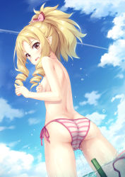 Rule 34 | 10s, 1girl, absurdres, ass, back, bikini, blonde hair, blue sky, blush, bow, breasts, brown eyes, commentary request, covering breasts, covering privates, day, drill hair, eromanga sensei, from behind, hair bow, highres, long hair, looking at viewer, looking back, outdoors, pointy ears, revision, side-tie bikini bottom, sky, small breasts, solo, standing, striped bikini, striped clothes, swimsuit, tomifumi, topfreedom, topless, unworn bikini top, wading, water, wet, yamada elf