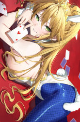 Rule 34 | 1girl, animal ears, artoria pendragon (all), artoria pendragon (fate), artoria pendragon (swimsuit ruler) (fate), bare shoulders, blonde hair, blue pantyhose, braid, breasts, card, detached collar, fate/grand order, fate (series), fishnets, green eyes, hair between eyes, herigaru (fvgyvr000), highres, large breasts, leotard, long hair, looking at viewer, necktie, pantyhose, playboy bunny, ponytail, rabbit ears, sideways, solo, white leotard, wrist cuffs