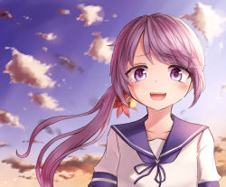 Rule 34 | 10s, 1girl, :d, akebono (kancolle), bell, commentary request, flower, hair bell, hair flower, hair ornament, highres, jingle bell, kantai collection, long hair, neck ribbon, neit ni sei, open mouth, ponytail, purple eyes, purple hair, ribbon, school uniform, serafuku, short sleeves, side ponytail, smile, solo, tears