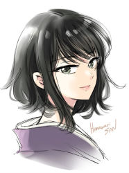 Rule 34 | 1girl, black hair, closed mouth, commentary request, copyright name, cropped shoulders, green eyes, himawari-san, lips, looking at viewer, meigetsu yuu, pink lips, portrait, short hair, simple background, sketch, smile, solo, sugano manami, white background