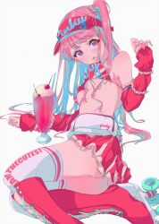 Rule 34 | 1girl, :p, bikini, bikini top only, boots, breasts, detached sleeves, fingerless gloves, gloves, highres, lying, medium breasts, milkshake, najuco (naju0517), on side, original, pink hair, red eyes, roller skates, skates, skirt, solo, swimsuit, thighhighs, tongue, tongue out, twintails, visor