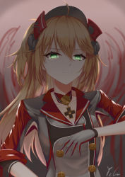 Rule 34 | 1girl, absurdres, admiral hipper (azur lane), azur lane, buttons, double-breasted, gloves, glowing, glowing eyes, green eyes, grey gloves, hair between eyes, headgear, highres, ichikushi mojibake, long hair, looking at viewer, orange hair, red gloves, shadow, solo, standing, two-tone gloves, upper body