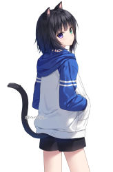 Rule 34 | 1girl, animal ear fluff, animal ears, anz32, black hair, black shorts, blue hair, cat ears, cat girl, cat tail, closed mouth, commentary request, from behind, gradient hair, green eyes, heterochromia, hood, hood down, hoodie, looking at viewer, looking back, multicolored hair, original, purple eyes, short shorts, shorts, simple background, solo, standing, tail, twitter username, white background, white hoodie