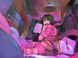 Rule 34 | 1girl, asano, asano (asano4124), bed, black hair, commentary, open mouth, original, pajamas, pink eyes, scared, short hair, solo, sweat, tears, tentacles, you gonna get raped