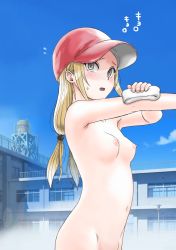 Rule 34 | 1girl, baseball cap, blonde hair, breasts, brown eyes, female focus, hat, highres, navel, nipples, nude, open mouth, original, out-of-frame censoring, outdoors, plus step, school, small breasts, smile, solo, twintails