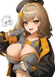 Rule 34 | :d, ahoge, anis (nikke), beret, between breasts, black jacket, breasts, brown hair, chibi, chibi inset, cleavage, crop top, ett, fingerless gloves, gloves, goddess of victory: nikke, grey gloves1girl, grey shirt, hair ornament, hat, highres, jacket, large breasts, looking at viewer, multicolored clothes, multicolored jacket, open mouth, orange jacket, shirt, short hair, smile, solo, strap, two-tone jacket, yellow eyes