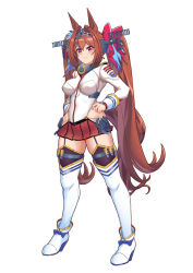 Rule 34 | 1girl, animal ears, breasts, brown hair, closed mouth, collar, cosplay, daiwa scarlet (umamusume), full body, garter straps, hair intakes, hair tie, hand on own hip, headgear, hip vent, horse ears, horse girl, horse tail, jacket, kantai collection, large breasts, long hair, metal collar, moke ro, pleated skirt, purple eyes, red skirt, simple background, skirt, solo, standing, tail, thighhighs, tiara, trait connection, twintails, uchuu senkan yamato, uchuu senkan yamato 2199, umamusume, very long hair, white background, white jacket, white thighhighs, yamato (kancolle), yamato (kancolle) (cosplay)