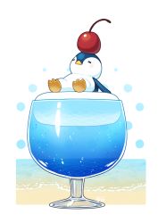Rule 34 | air bubble, aona (noraneko), beach, bird, blush stickers, bubble, cherry, cup, drink, drinking glass, closed eyes, floating, food, food on head, fruit, iceberg, no humans, object on head, ocean, original, penguin, sand, sitting, undersized animal, water