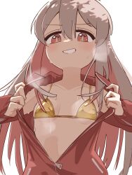 1girl bikini bikini_top_only bikini_under_clothes breasts brown_eyes collarbone colored_inner_hair commentary_request gold_bikini grey_hair grin hair_between_eyes highres jacket kanno_(kan_save) long_sleeves multicolored_hair onii-chan_wa_oshimai! open_clothes open_jacket oyama_mahiro partially_unzipped pink_hair red_jacket simple_background small_breasts smile solo steaming_body sweat swimsuit track_jacket two-tone_hair upper_body white_background zipper_pull_tab