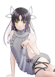 Rule 34 | 1girl, absurdres, aran sweater, backless dress, backless outfit, black hair, black ribbon, blush, breasts, cable knit, closed mouth, commentary request, demon girl, demon horns, demon tail, dress, feet out of frame, grey sweater, halterneck, highres, horns, kiyama motonobu, kojo anna, kojo anna (3rd costume), leg ribbon, long hair, medium breasts, meme attire, multicolored hair, nanashi inc., official alternate costume, pointy ears, purple hair, ribbed sweater, ribbon, sideboob, smile, solo, sugar lyric, sweater, sweater dress, tail, transparent background, turtleneck, turtleneck sweater, two-tone hair, virgin killer sweater, virtual youtuber, yellow eyes