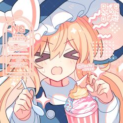 &gt;o&lt; 1girl black_hat black_vest blonde_hair blush bow commentary dot_nose frilled_hat frills hair_between_eyes hands_up hat hat_bow highres holding holding_spoon kirisame_marisa long_hair long_sleeves open_mouth portrait qr_code shirocha_tei shirt solo sparkle spoon sweatdrop symbol-only_commentary touhou turtleneck turtleneck_shirt twitter_username vest watermark white_bow white_shirt