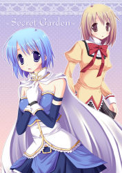 Rule 34 | 10s, 2girls, ameya kirika, bare shoulders, blue eyes, blue hair, bow, brown eyes, brown hair, cape, elbow pads, gloves, hands on own chest, highres, long sleeves, looking at another, mahou shoujo madoka magica, mahou shoujo madoka magica (anime), miki sayaka, multiple girls, parted lips, plaid, plaid skirt, puffy long sleeves, puffy sleeves, school uniform, short hair, skirt, white gloves