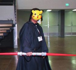 Rule 34 | 1boy, cosplay, cosplay photo, creatures (company), crossover, darth maul, double bladed lightsaber, energy sword, failure, game freak, gen 1 pokemon, indoors, lightsaber, lowres, male focus, nintendo, photo (medium), pikachu, pokemon, solo, star wars, sword, weapon